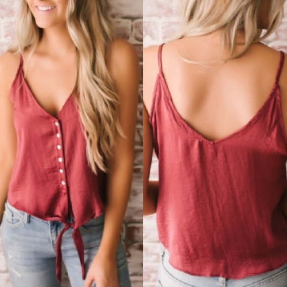 Blu Pepper Tops - New Burgundy Red Satin Silky Tank Top Tie Boutique